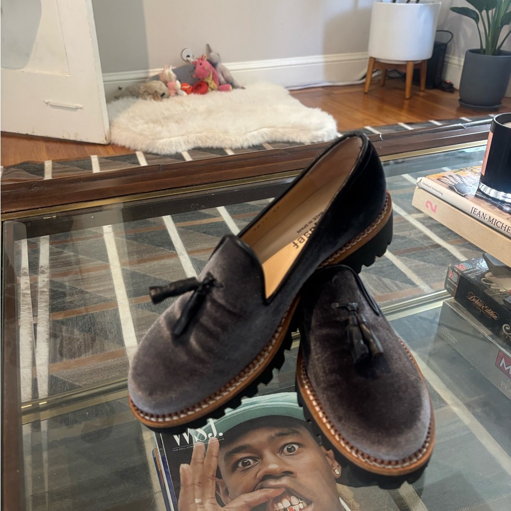 Gray and Black Tassel Loafers with Flat Soles